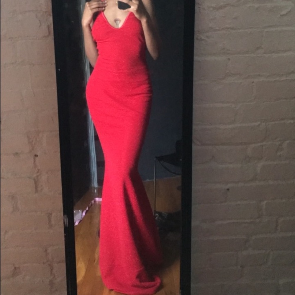 Red sparkly prom dress.