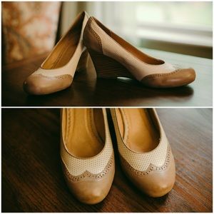 Miz Mooz Mary Tan and Cream Wingtip Wedge Heels