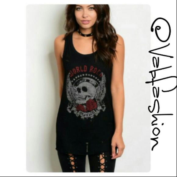 Vabfashion Tops - DISTRESSED WORLD ROCK FISHNET SKULL TOP!
