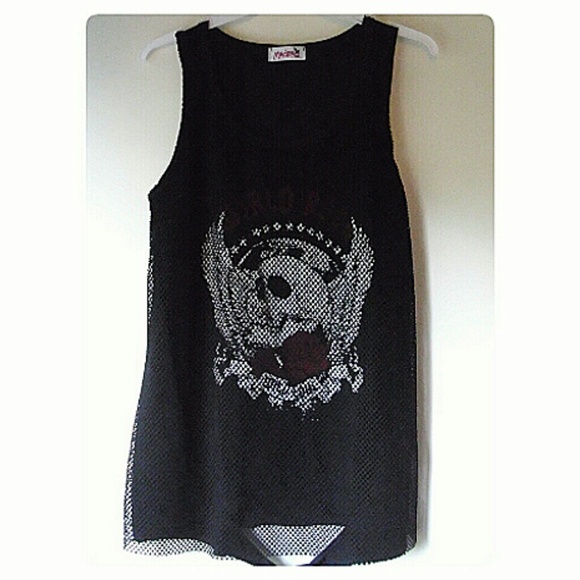 DISTRESSED WORLD ROCK FISHNET SKULL TOP! - Picture 3 of 8