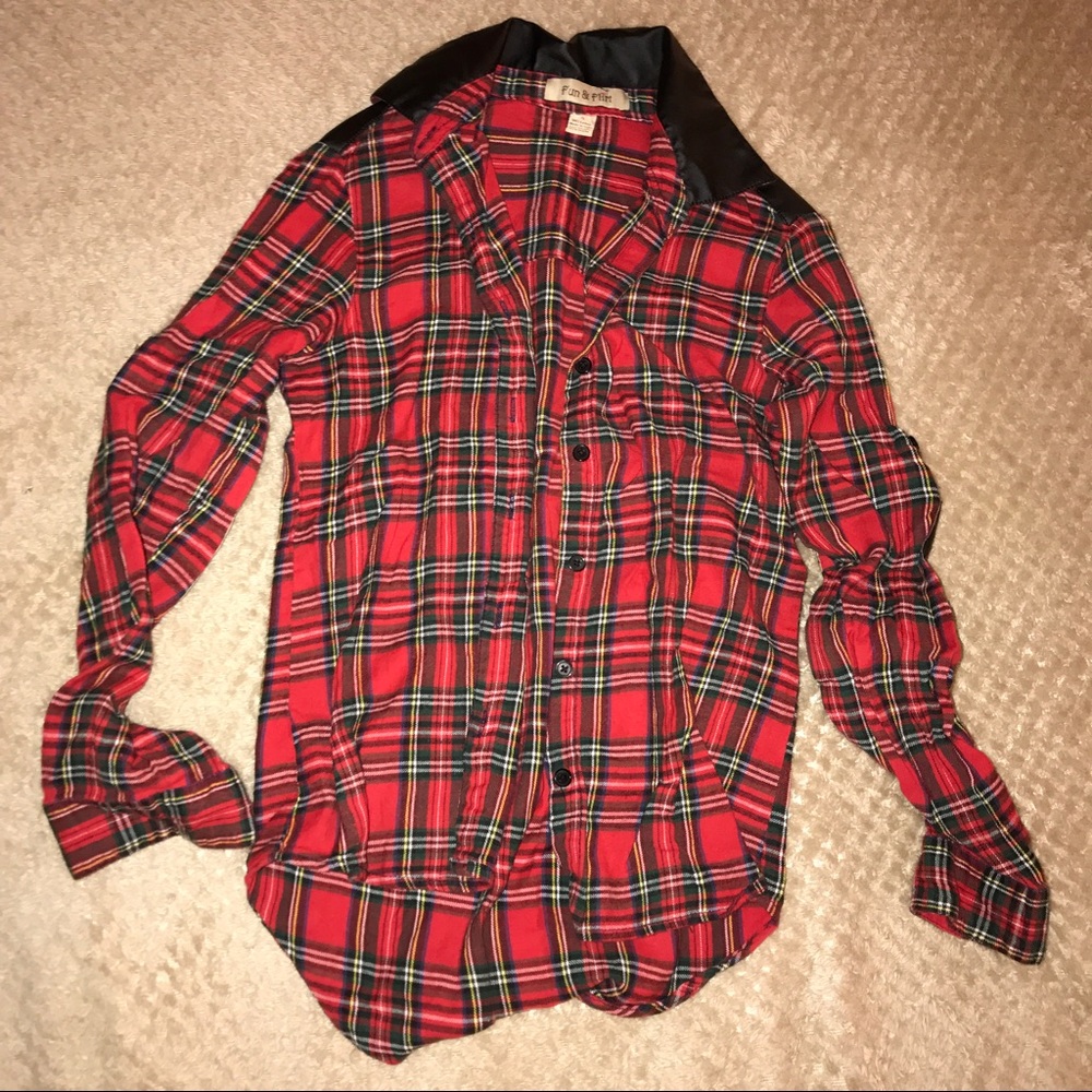 Faux Leather + Red Plaid Flannel w/ Skull Detail