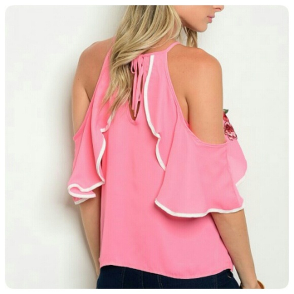 PINK COLD SHOULDER RUFFLE TOP WITH ROSE EMBROIDERY! - Picture 2 of 7