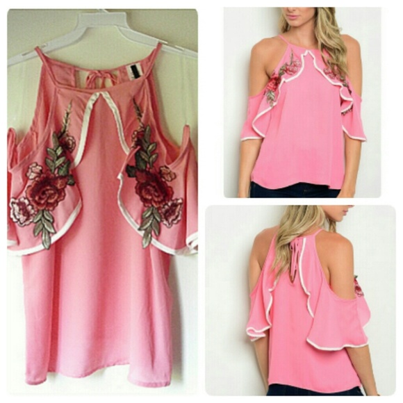 PINK COLD SHOULDER RUFFLE TOP WITH ROSE EMBROIDERY! - Picture 3 of 7