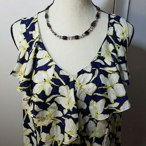 Loft Ruffled Sleeveless White Lily Flower Blouse