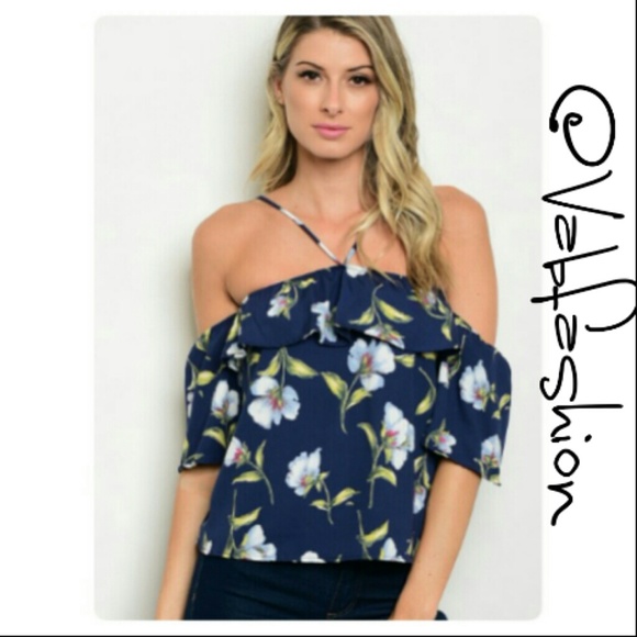 NAVY FLORAL OFF SHOULDER TOP💖 - Picture 2 of 6