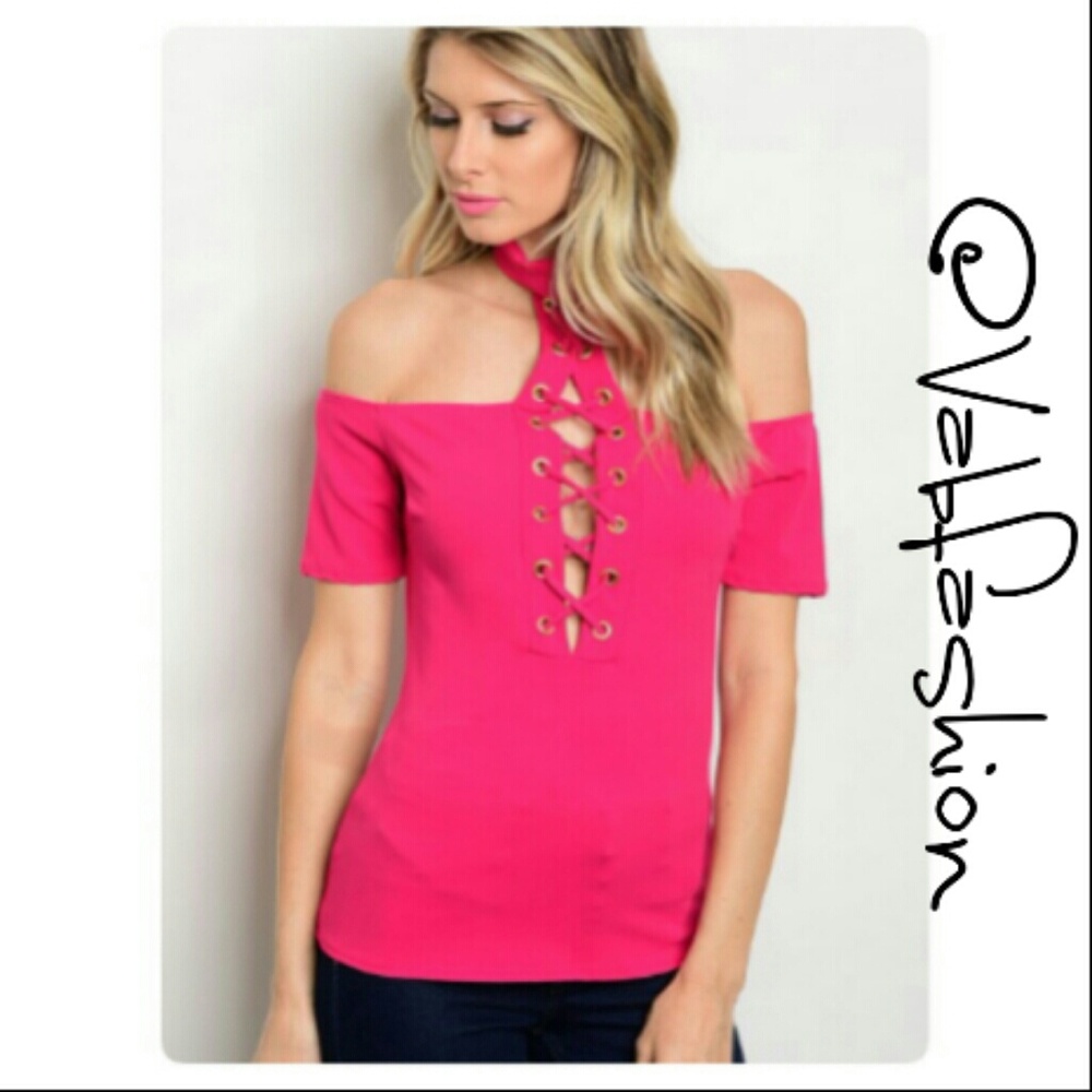 MAGENTA LACE UP TOP! - Picture 1 of 8