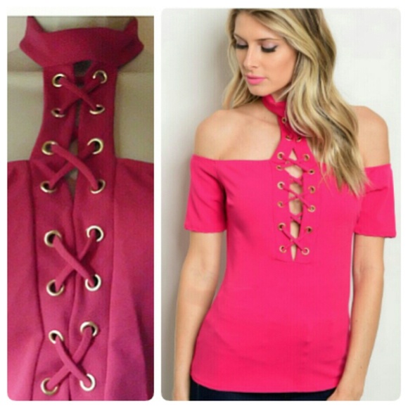 MAGENTA LACE UP TOP! - Picture 2 of 8