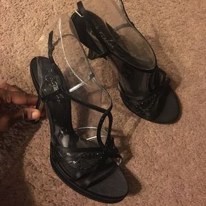Black satin rhinestone dressy heels