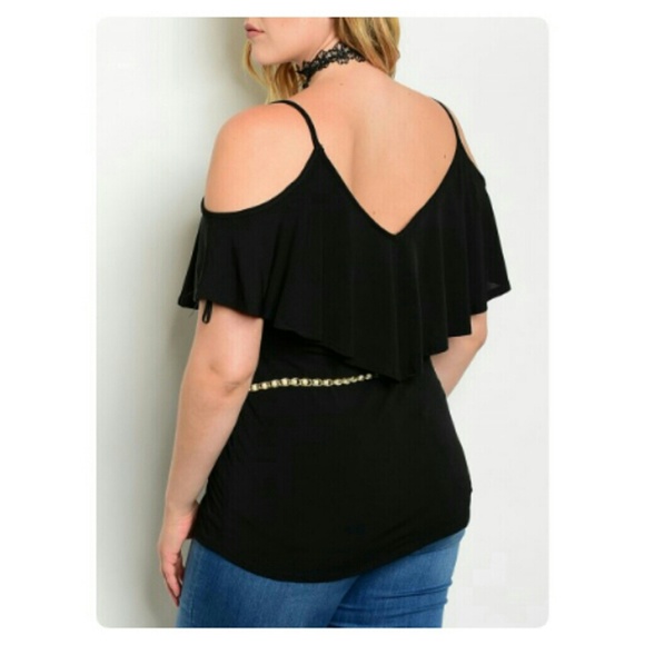 PLUS SIZE BLACK COLD SHOULDER TOP WITH BELT⛄ - Picture 3 of 7