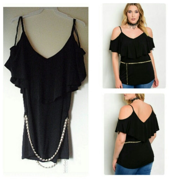 PLUS SIZE BLACK COLD SHOULDER TOP WITH BELT⛄ - Picture 2 of 7