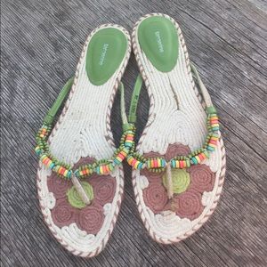 Tangerine woven flip flops with colored beads
