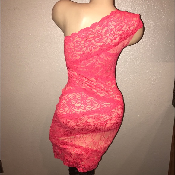 Bebe coral and nude lace dress XS One shoulder - Picture 2 of 2