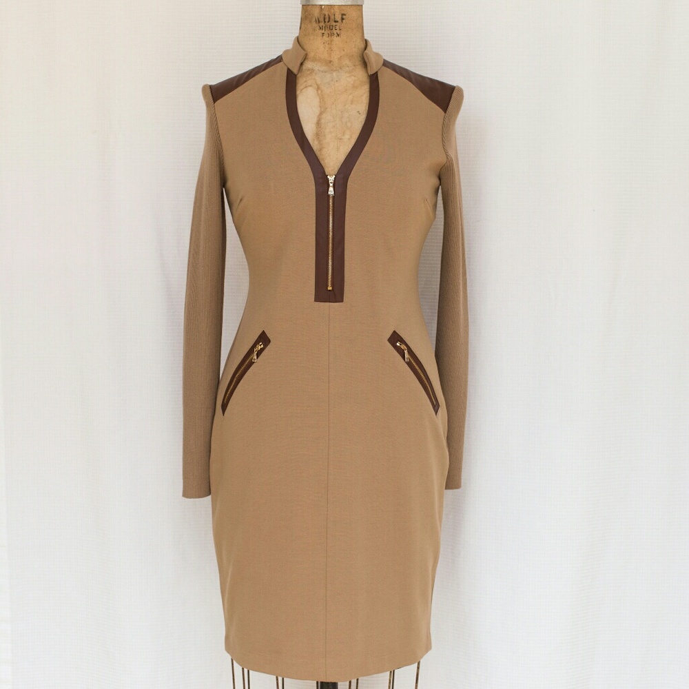 Cache Knit & Faux Leather Long-sleeved Dress