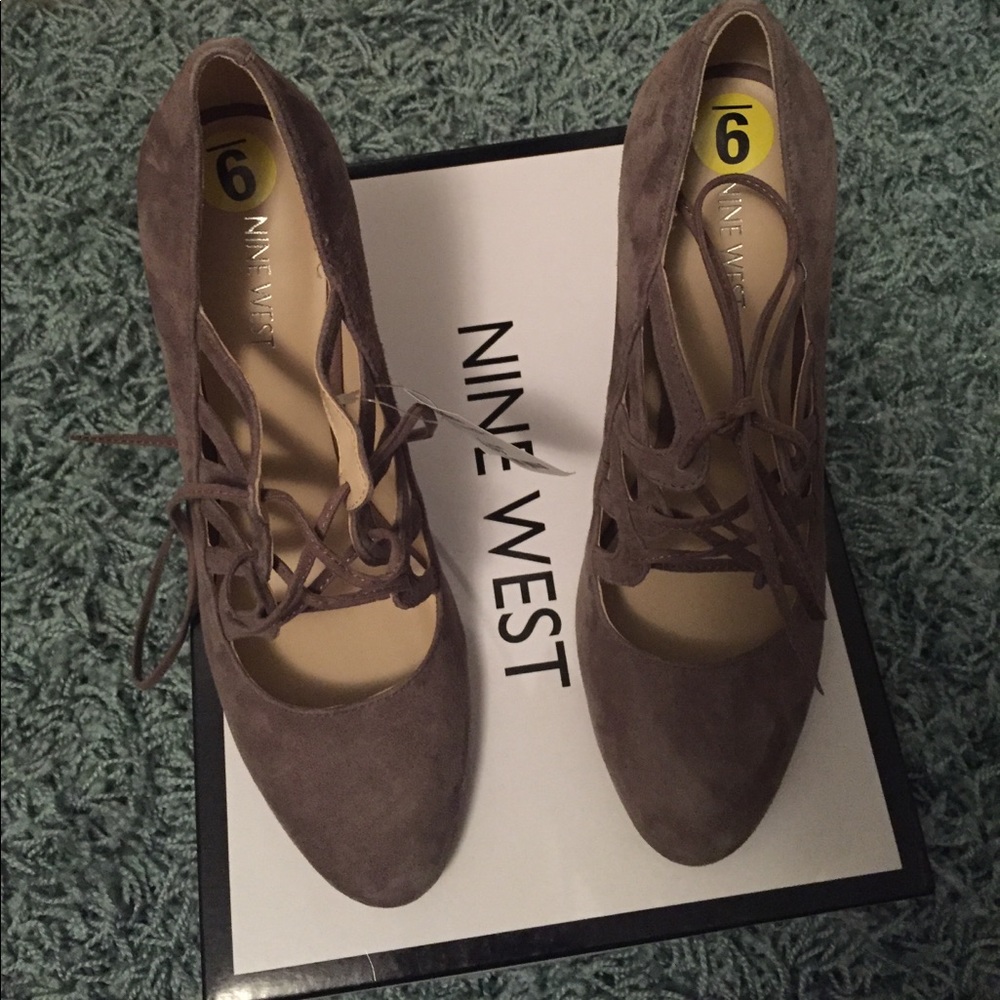 Nine West: Grey suede, high heel,  laced shoe
