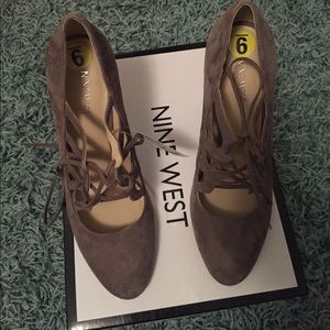 Nine West: Grey suede, high heel,  laced shoe