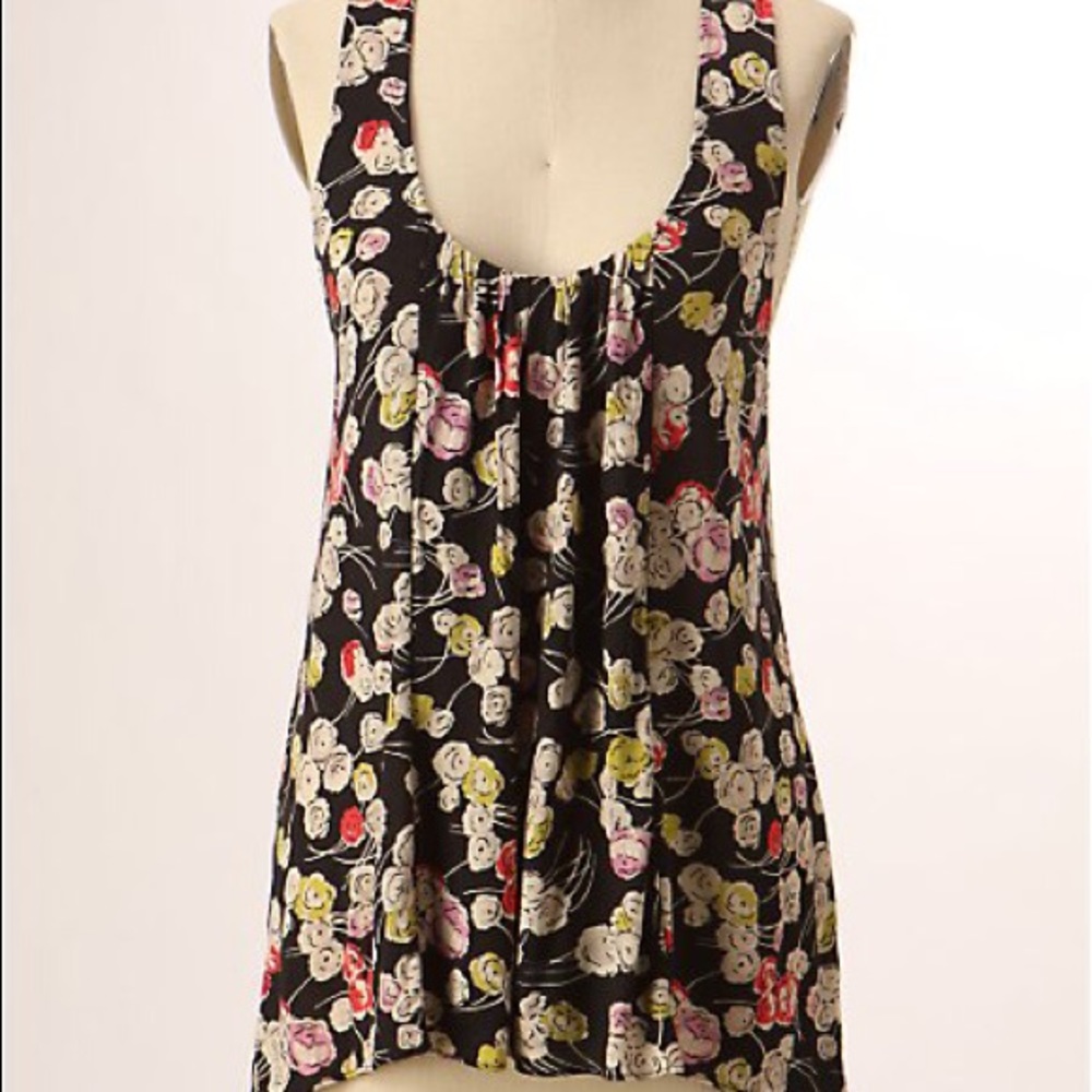 Anthropologie black floral flowy tank with ruffle