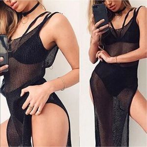 Black fishnet cover up sheer dress swimsuit glam beach tank sundress bikini sexy
