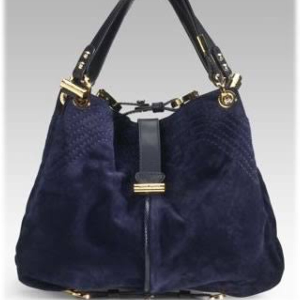 Jimmy Choo Alex Suede Snake Trim Bag Navy Blue