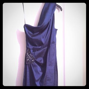 Xscape navy blue one shoulder taffeta dress