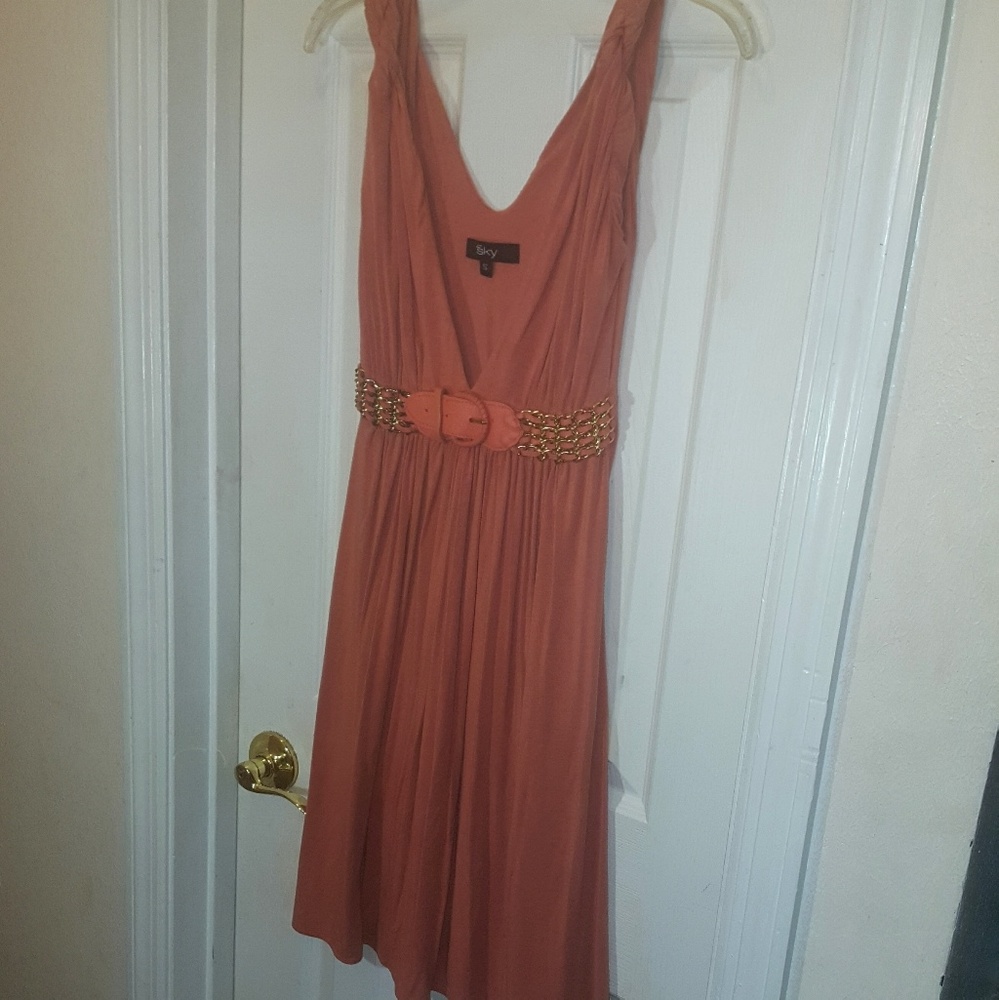 Coral Sky  Dress with Woven Leather/Gold Accents