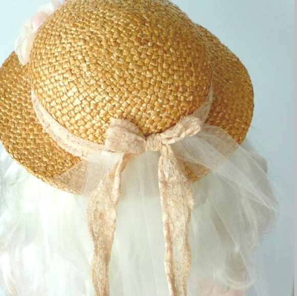 Flower Girl Straw Hat Floral Tulle Lace Farm Prairie Ranch Western Wedding Derby - Picture 3 of 6