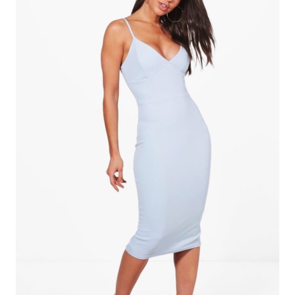 Fitted sky blue sexy Plunge Neck Midi Dress
