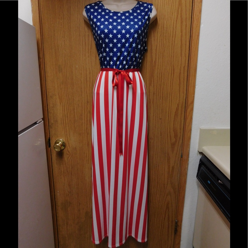 Divine American Flag Maxi Dress W/Pockets &Belt
