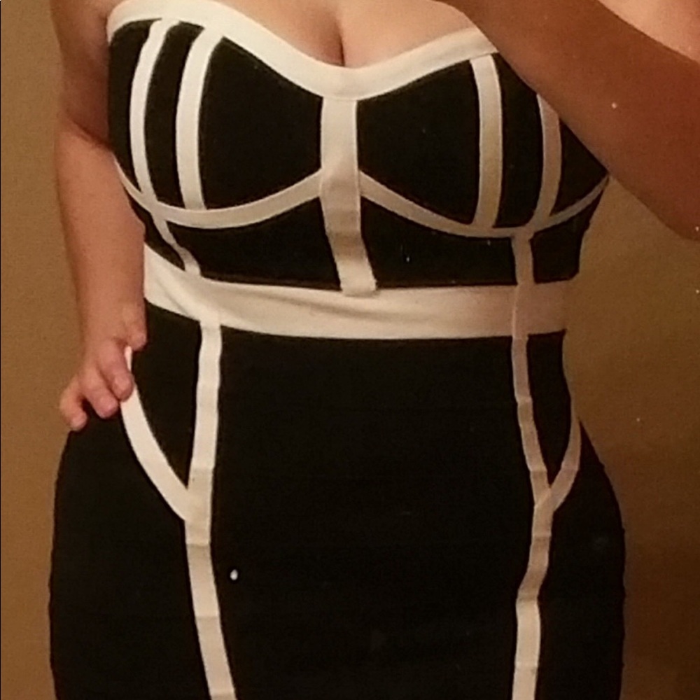 Black/white bandage strapless dress.