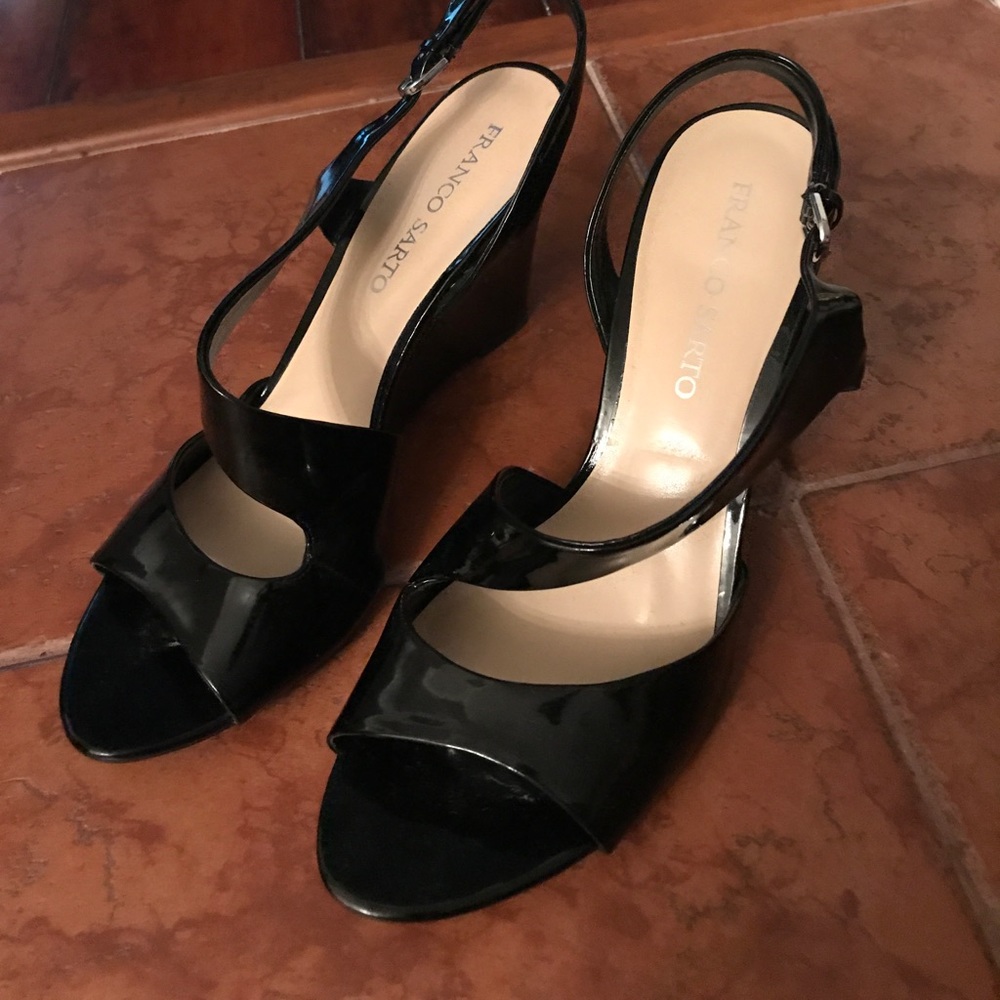 Black patent leather wedge sandals