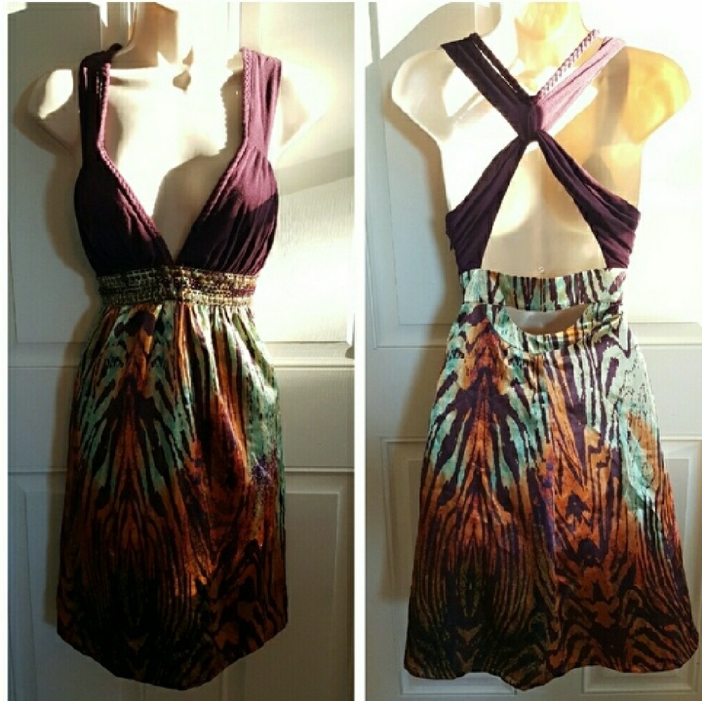 Arden B Deep V Open back animal print dress