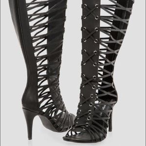 Black gladiator heeled sandals, wide calf