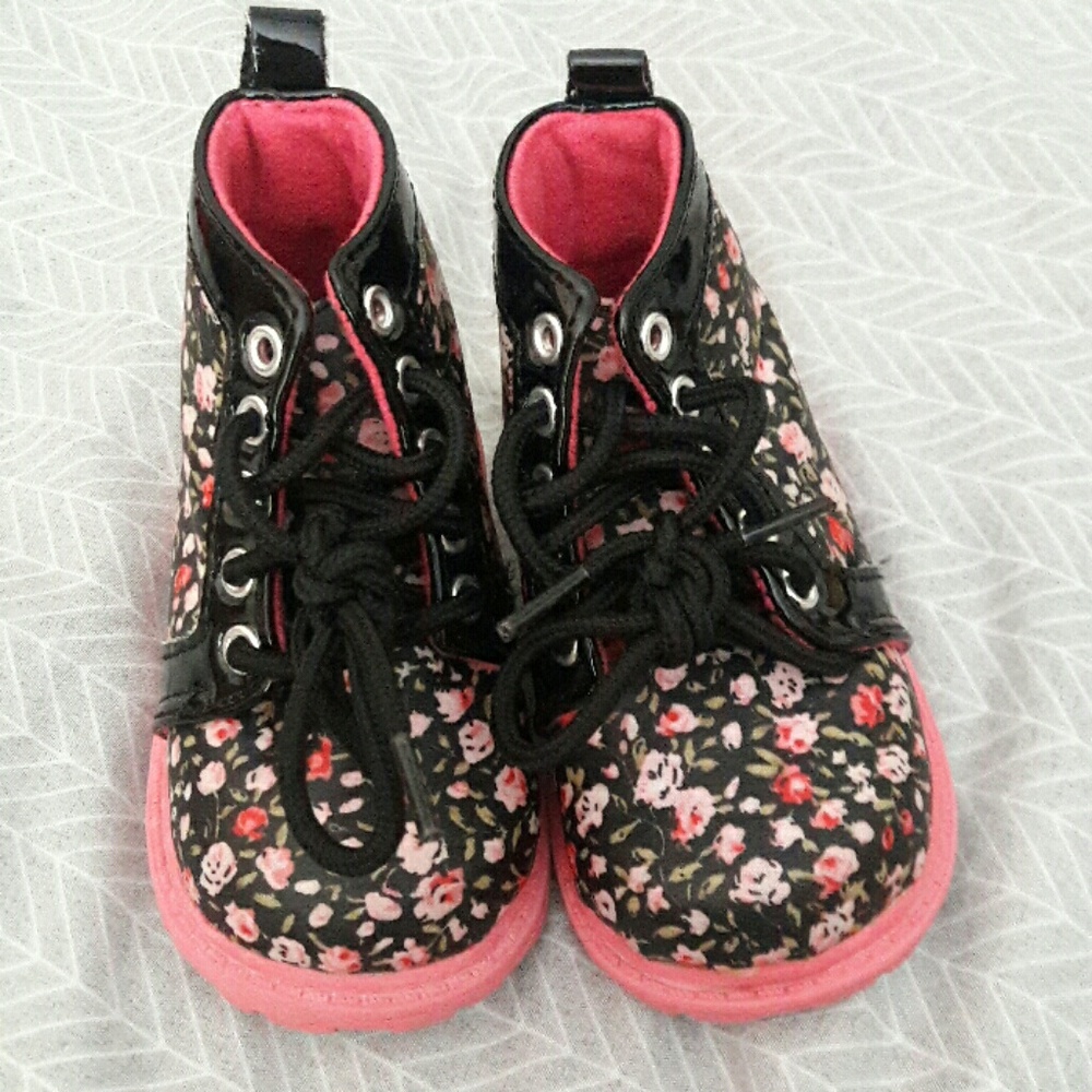 Black and pink flower boots