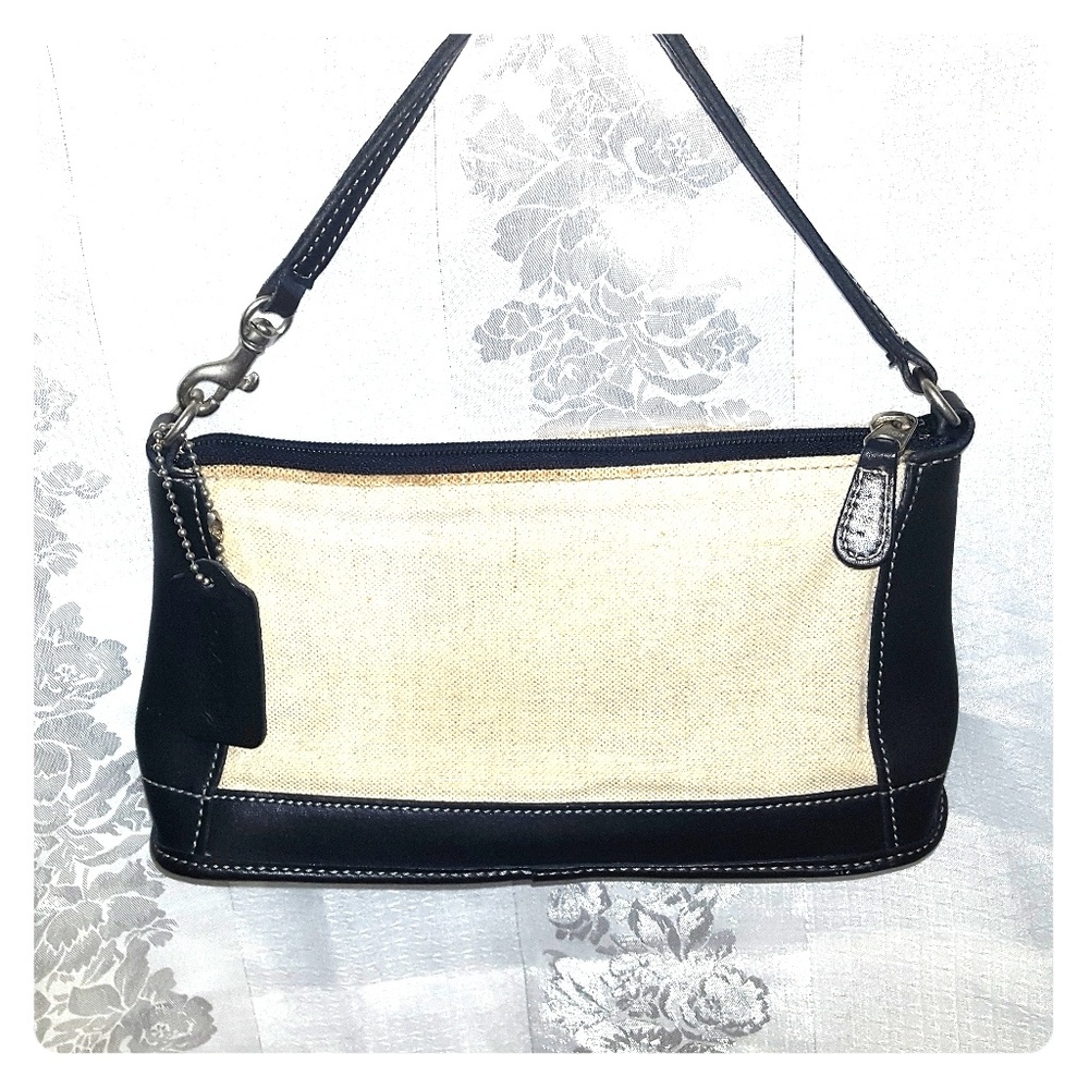    COACH Cream & Navy Blue Leather & Canvas Zipper