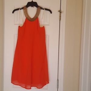 Jodi Kristopher Orange Dress w/ Gold Neckline