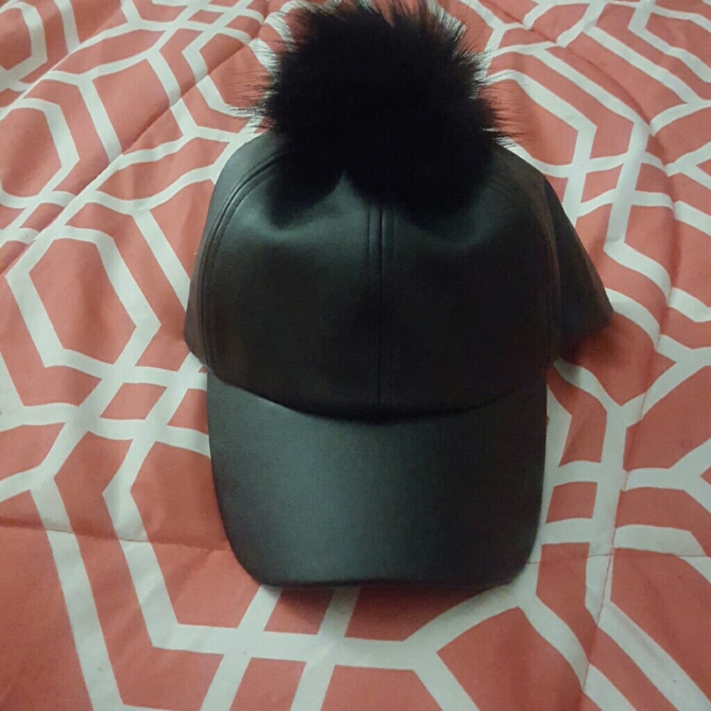 Sexy black leather poof ball hat