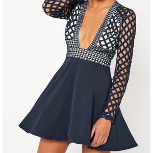 Blue lace plunge skater dress