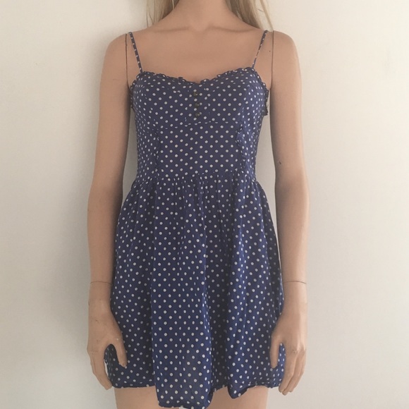 Adorable "Divided" Blue & Cream Polka Dot Dress - Picture 1 of 4