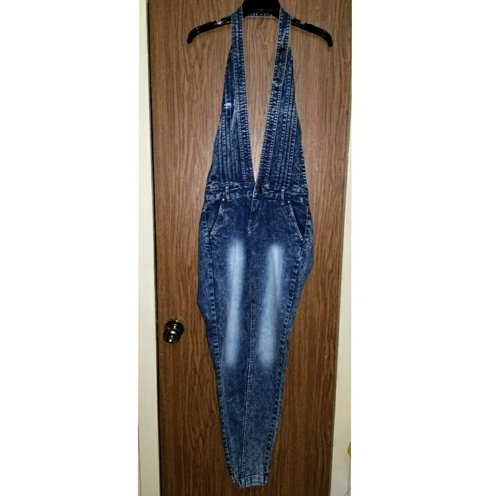 Halter Skinny Denim Jumpsuit