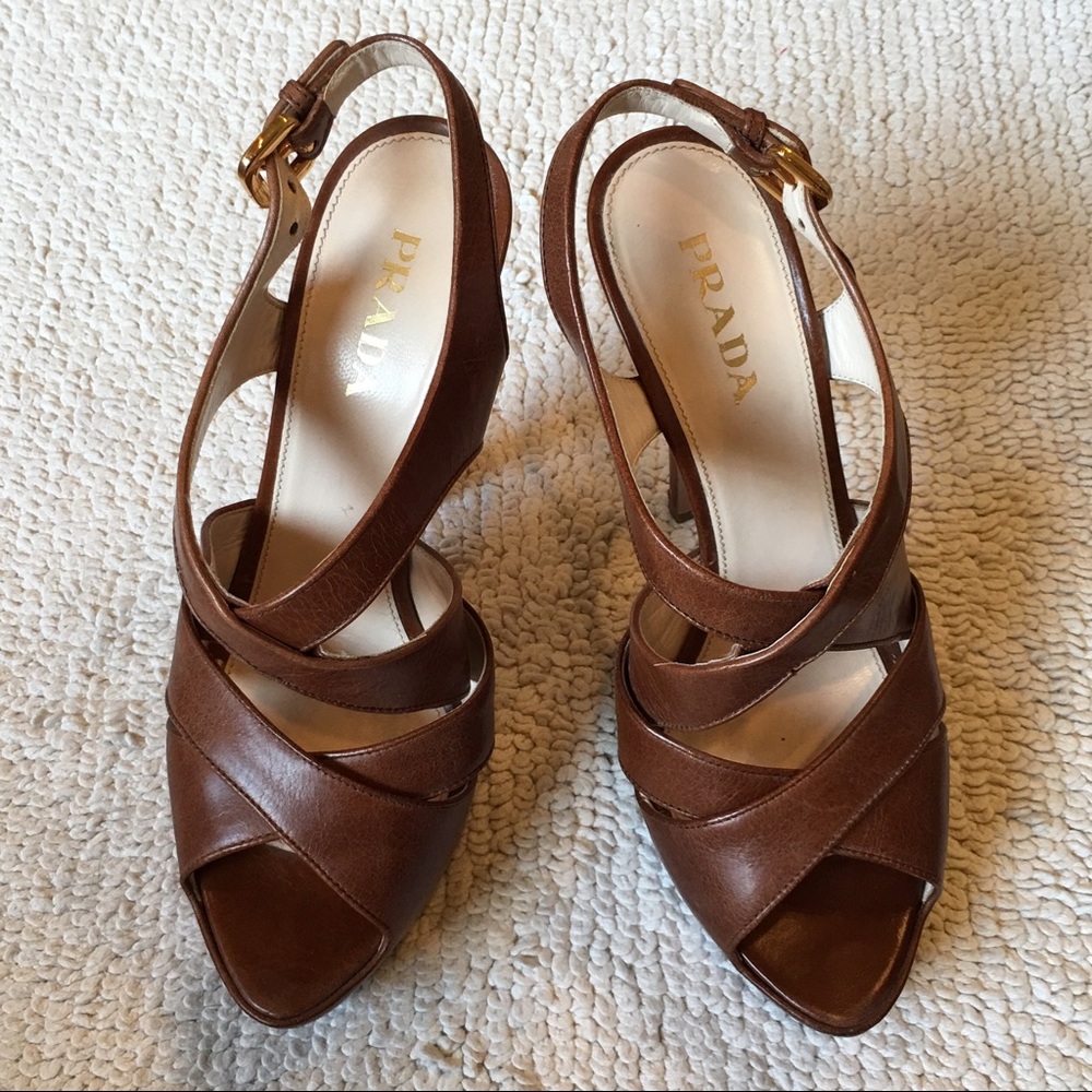 8 Prada High Heel Brown Leather Sandals 38