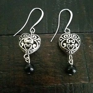 NEW! Silver and black heart dangle earrings!