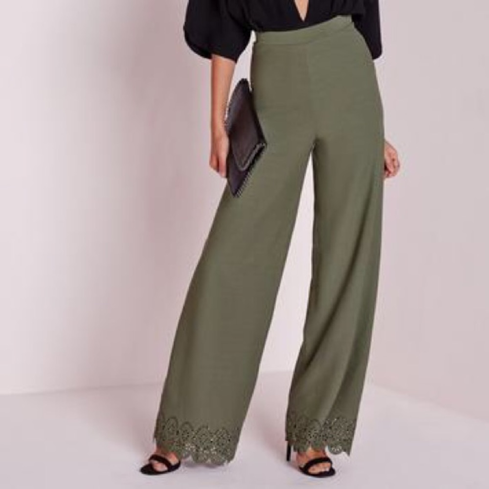 NWT Missguided Khaki Laser Cut Wide Leg Pants