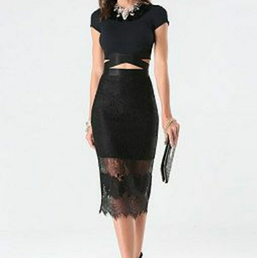 Bebe Black Lace Hi Waist Midi Skirt S