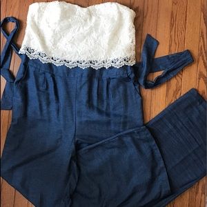 White Lace & Denim Wide Leg Jumpsuit