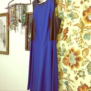 Royal blue and black leather midi dress