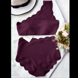 High Waisted Scalloped One Shoulder Bikini- maroon