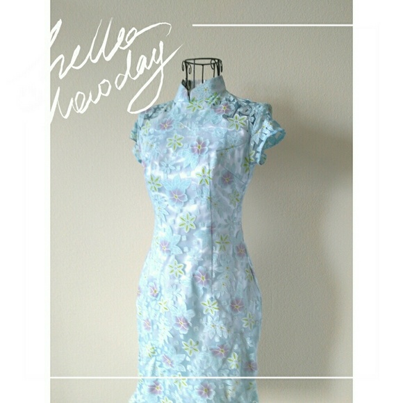 Mint Green Qi-Pao in Floral Prints - Picture 1 of 2