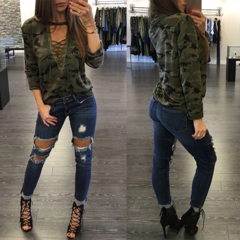 🌷 Camouflage Choker Long Sleeve Tee Top - Picture 2 of 8