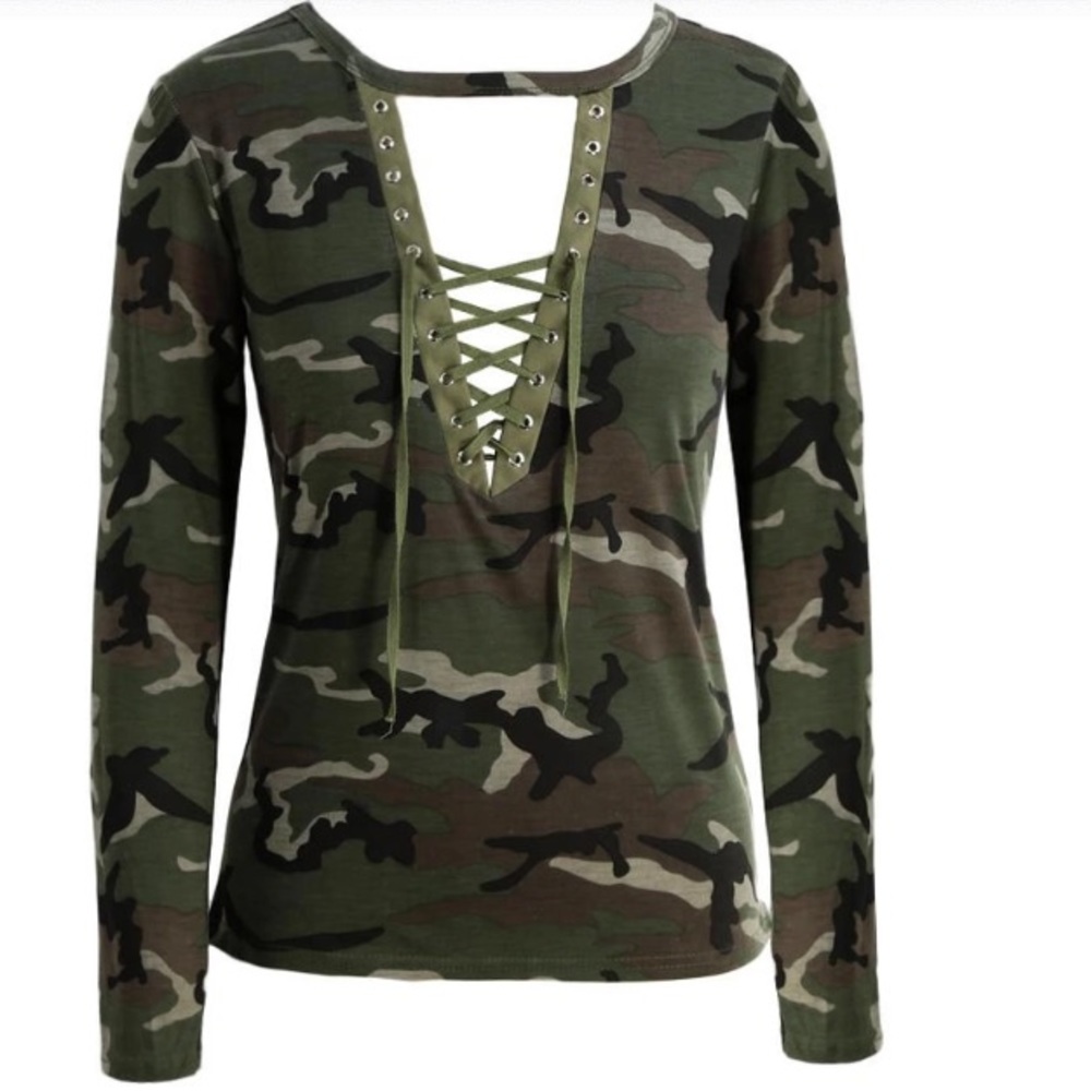🌷 Camouflage Choker Long Sleeve Tee Top - Picture 5 of 8