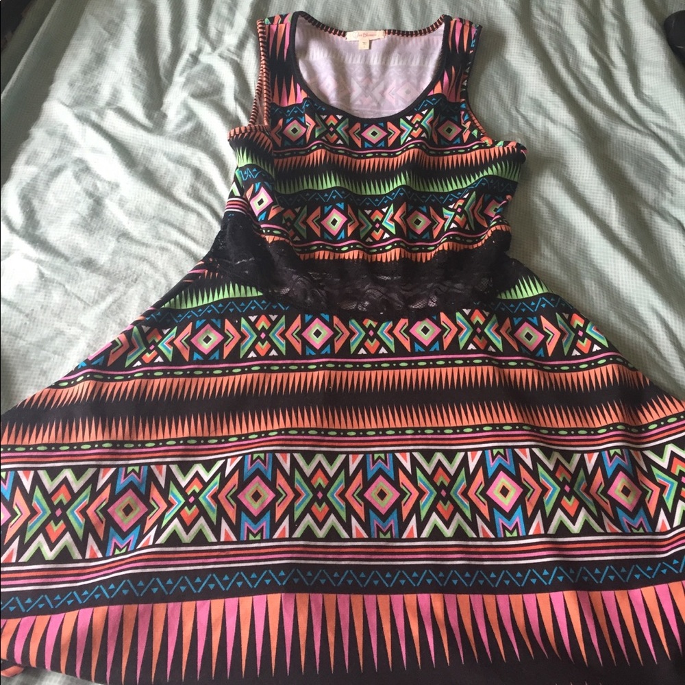Tribal print skater dress with lace.