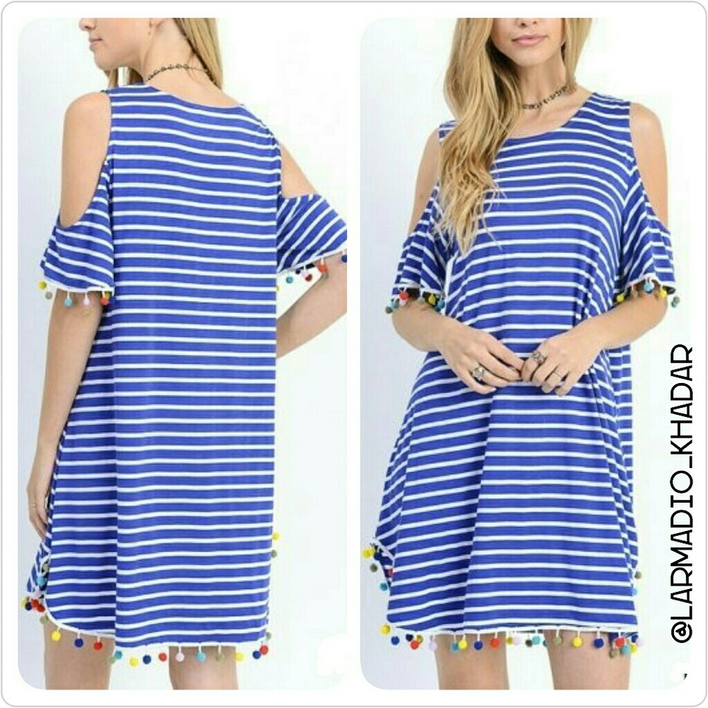 Striped Cold Shoulder Dress with Pom Pom Detail